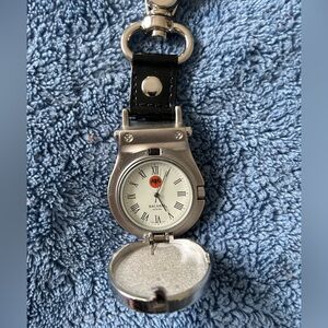 Vtg Bacardi Rum Bat Logo Pocket Watch Keychain Fob Clip Flip Cover Swiss Parts